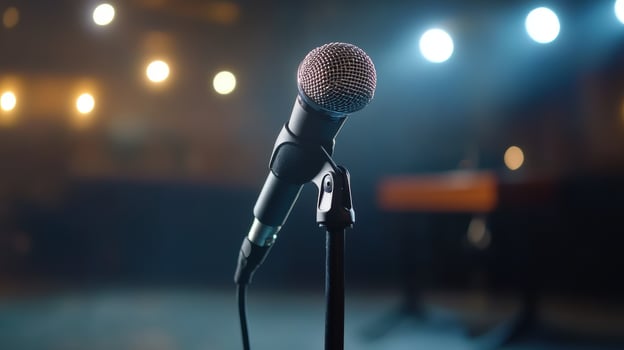 Microphone on stand in concert venue with bokeh lights background photo