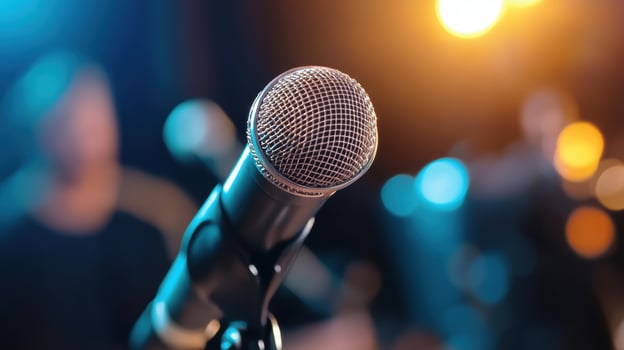 Microphone on stage with blurred background for live performance or recording photo