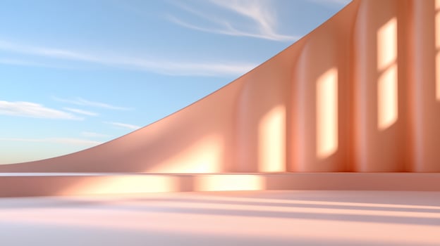 Minimalist pink curved wall against blue sky abstract background design photo