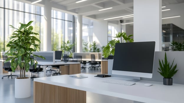 Modern open office space with computer and plants photo