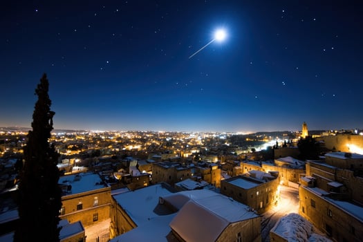Night cityscape under starry sky and celestial lights architectural nightscape photo