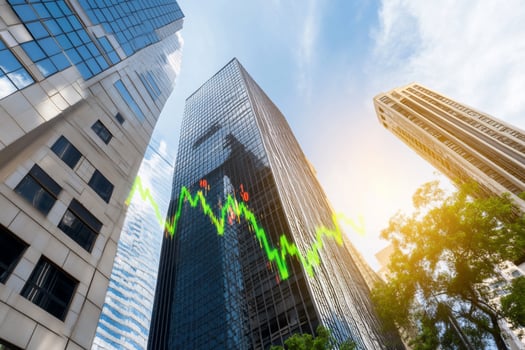 Office buildings with financial graph overlay modern architecture business finance photo