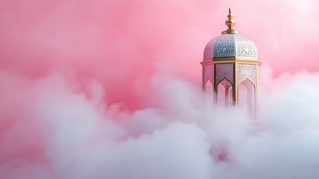 Ornamental tower amidst soft clouds against a pink background photo