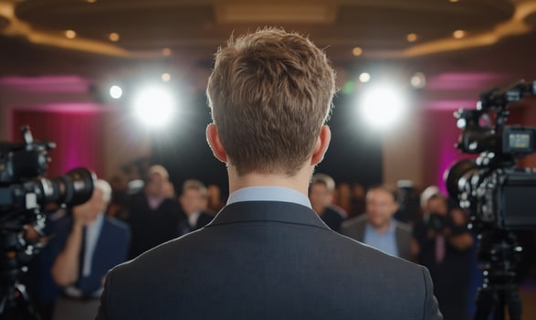 Person addressing audience during event press conference with news cameras photo