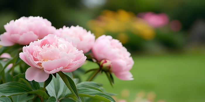 Pink peony flowers blooming in a lush garden close up floral springtime blossom photo