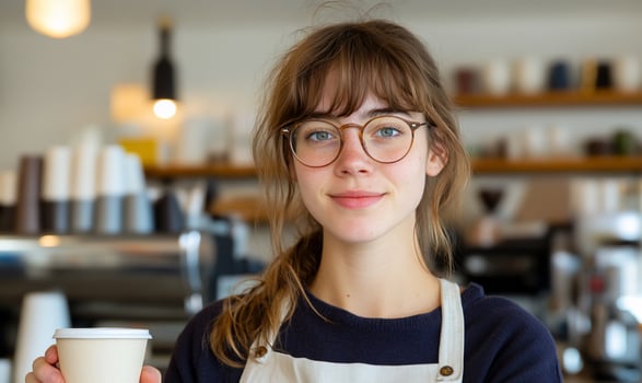 Portrait of smiling woman in cafe holding disposable cup photo