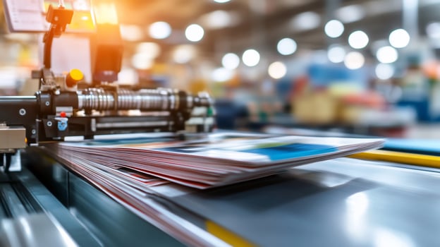 Printing press in action industrial automated machine with stacked paper sheets photo