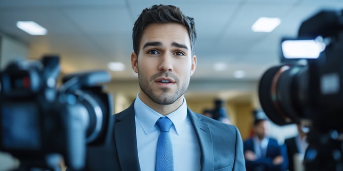 Professional man in media setting with cameras for press conference interview photo
