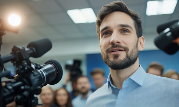 Professional speaking at press conference surrounded by microphones and cameras photo
