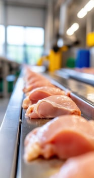 Raw chicken breast fillets on production line in a food processing plant photo