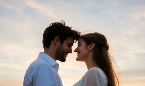 Romantic couple silhouette touching heads against sunset sky love and connection photo