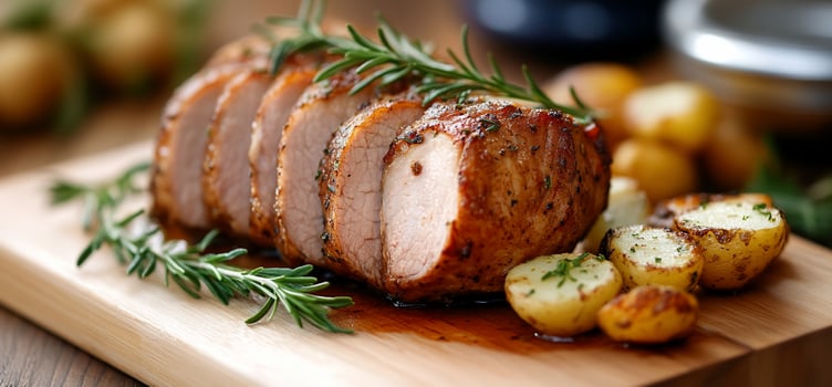 Roasted pork loin slices with rosemary and potatoes on wood food photography photo