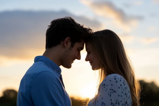 Romantic couple touch foreheads at sunset in silhouette portrait photo