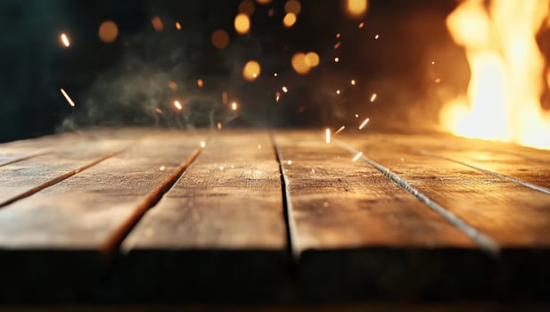 Rustic wood surface with sparks and flames effect for background or overlay photo
