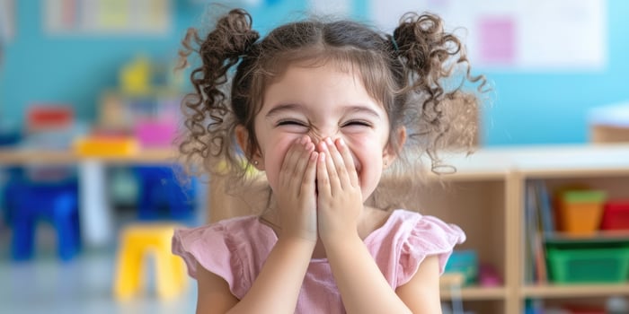 Smiling child with curly hair covers mouth in joyful portrait photo