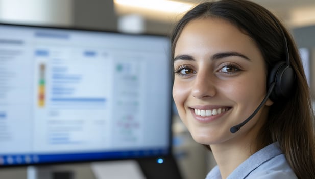Smiling customer service representative wearing headset in call center photo