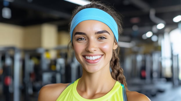 Smiling fitness woman in gym portrait health wellness and active lifestyle photo