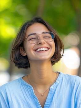 Smiling woman portrait happy joyful beautiful young adult with eyes closed photo