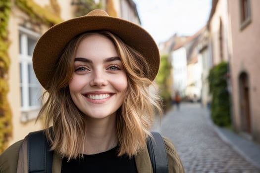 Smiling woman travel europe city street photo