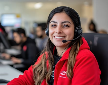 Smiling woman with headset in office call center customer service photo