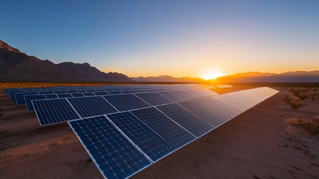 Solar panel field at sunset renewable energy production in a desert environment photo