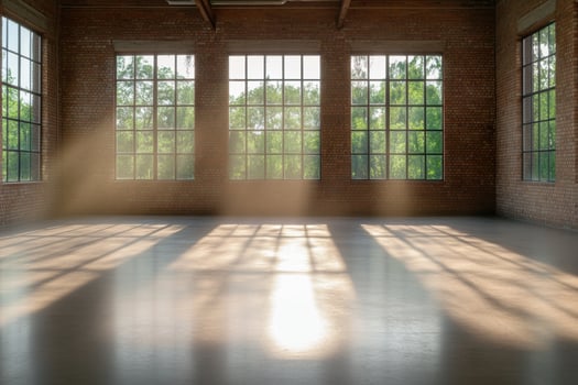 Sunlit empty interior with brick wall and large windows photo