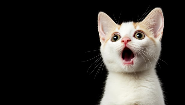 Surprised cat portrait expressive feline open mouth on dark background photo
