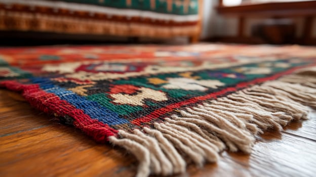 Textured oriental rug with colorful pattern on wood floor interior design photo