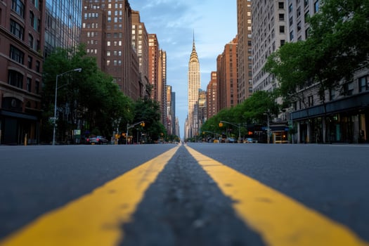 Urban cityscape with road perspective tall buildings and architectural landmark photo