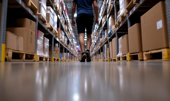 Warehouse aisle with person walking among stacks of boxes in storage facility photo
