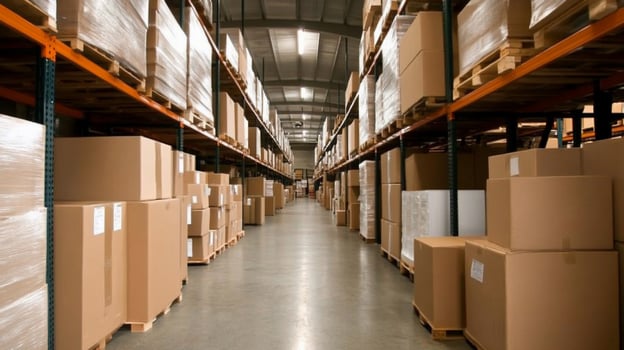 Warehouse storage shelves with cardboard boxes packages distribution delivery photo