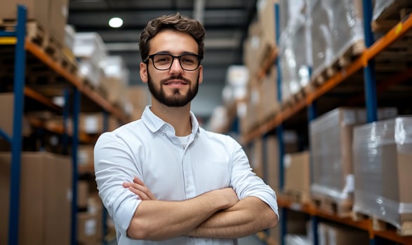 Warehouse manager with cardboard boxes in blurred storage facility photo