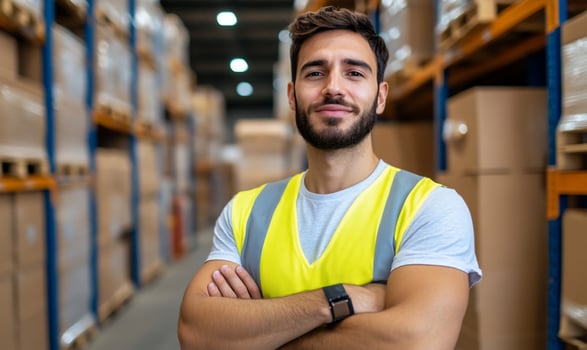 Warehouse worker safety vest in industrial storage facility photo