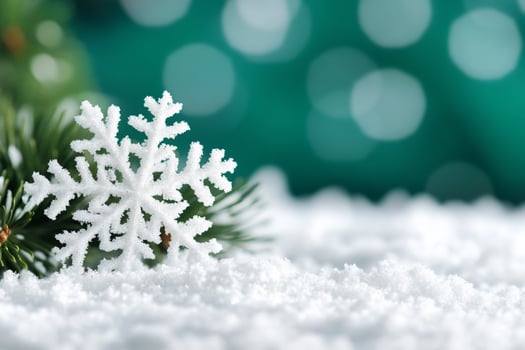 White snowflake on snow with green pine branch and bokeh background festive winter holiday season photo