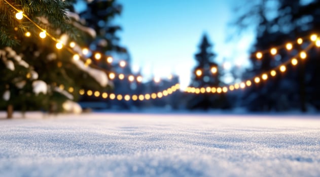 Winter snow scene with string lights background and christmas atmosphere photo