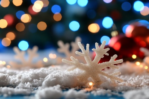 Winter snowflake on snow with bokeh lights festive christmas and holiday season background photo