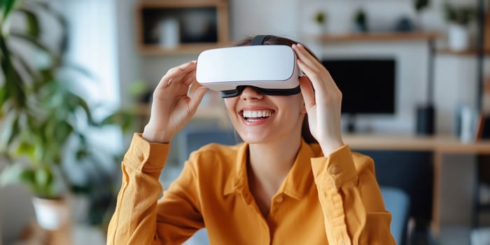 Woman experiencing virtual reality technology at home with vr headset photo