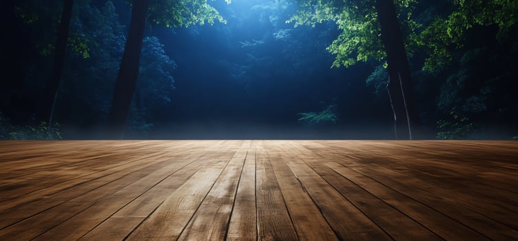 Wooden deck leading into dark forest scene with atmospheric lighting and natural elements photo