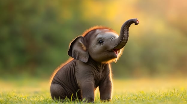 Adorable baby elephant calf standing tall in green field wildlife animal photo