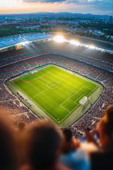 Aerial view of large sports stadium field with spectator crowd photo