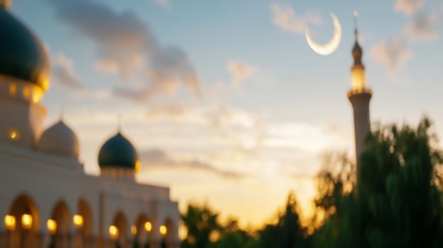 Architectural landmark building silhouette at twilight under crescent moon photo