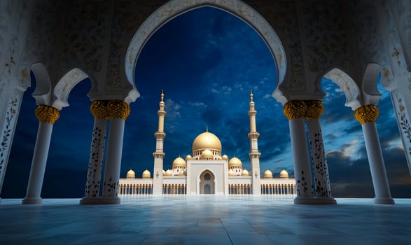 Architectural landmark framed by arches majestic stone building with golden domes photo