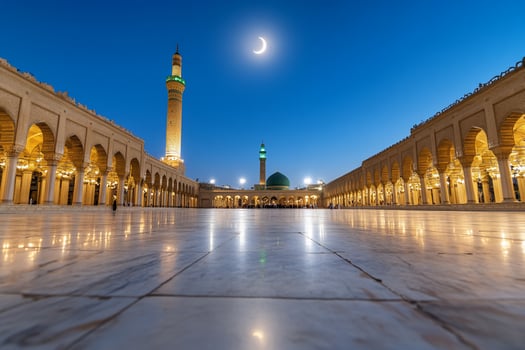 Architectural mosque at twilight with crescent moon islamic landmark religious building photo
