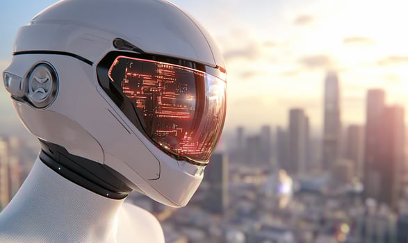 Artificial intelligence humanoid with cityscape background representing technological advancement photo