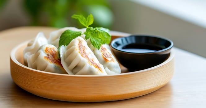 Asian dumplings with dipping sauce fresh and delicious meal photo