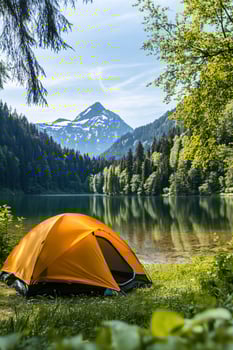 Camping tent near mountain lake scenic outdoor adventure and peaceful nature travel destination photo