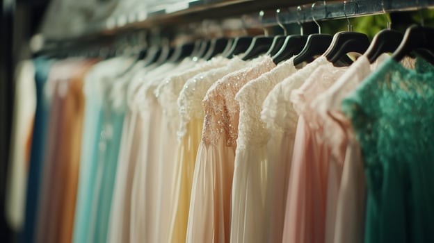 Clothing rack displaying an array of pastel colored dresses for fashion retail photo