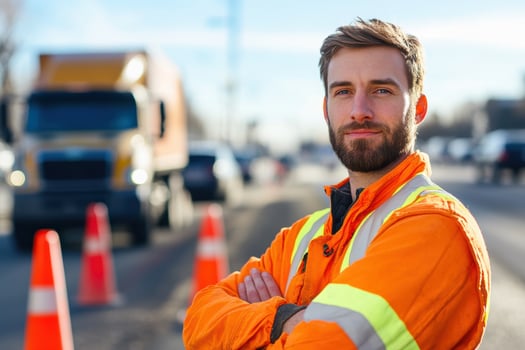 Construction worker in safety gear standing near truck and traffic cones photo