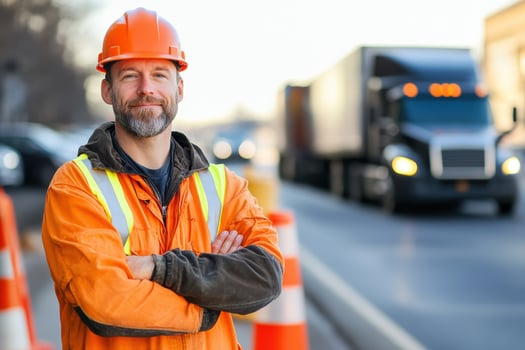Construction worker with truck roadside industry safety photo