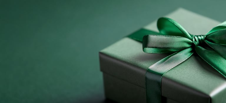 Elegant gift box with green ribbon on dark background for special occasions photo